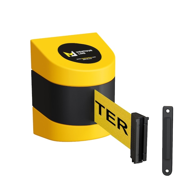 Montour Line Retractable Belt Barrier, Wall Mount, Yellow Case Fixed 20 ft. Caution Belt WMX160-YW-CAUYB-F-S-200